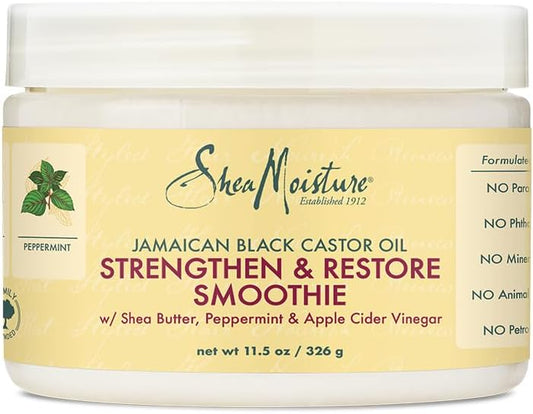 shea butter, peppermint, restores hair, and strengthens.