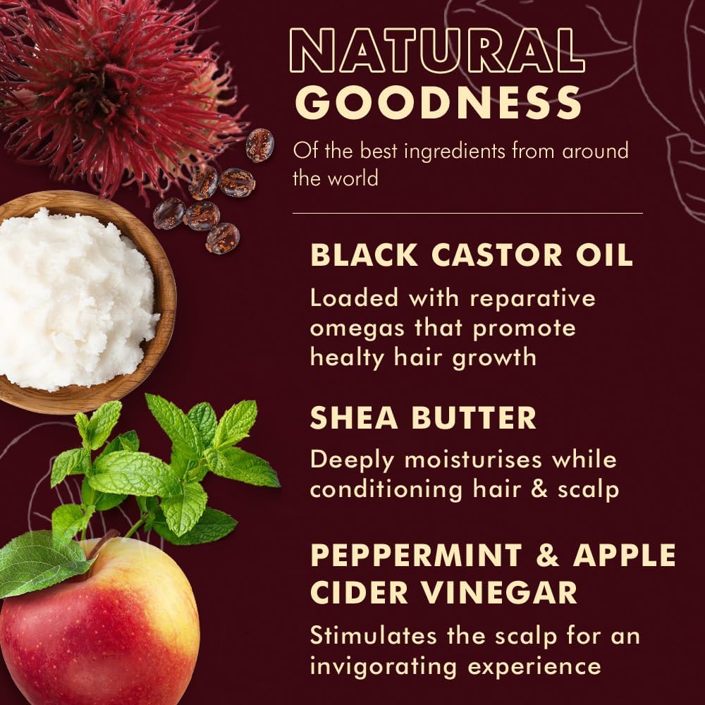 shea butter, peppermint, restores hair, and strengthens.