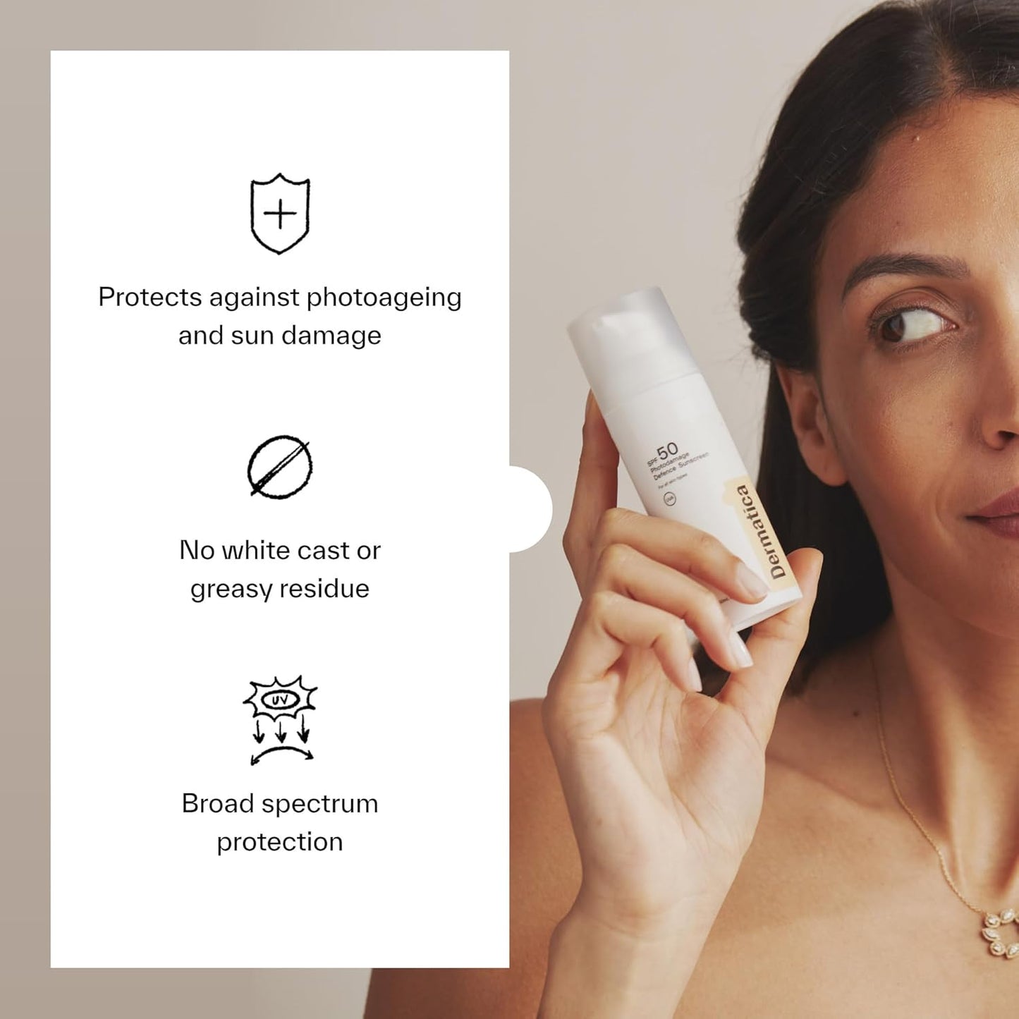 Dermatica SPF 50 Photodamage Defence Sunscreen | Anti-Ageing and Anti-Wrinkle I Fast Absorbing Lightweight Cream | Fragrance Free