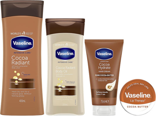 Vaseline Intensive Care Cocoa Radiant Body Lotion & Oil, Healthy Hands & Lip Therapy Regime Bundle