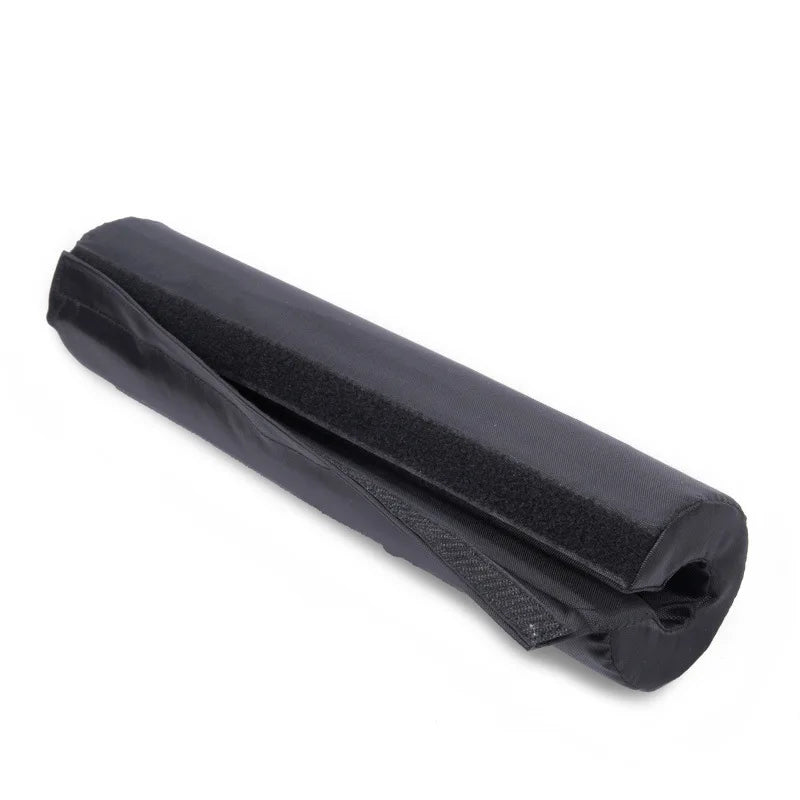A black barbell pad with waterproof and breathable fabric, thick high-density sponge, and Velcro fastener.