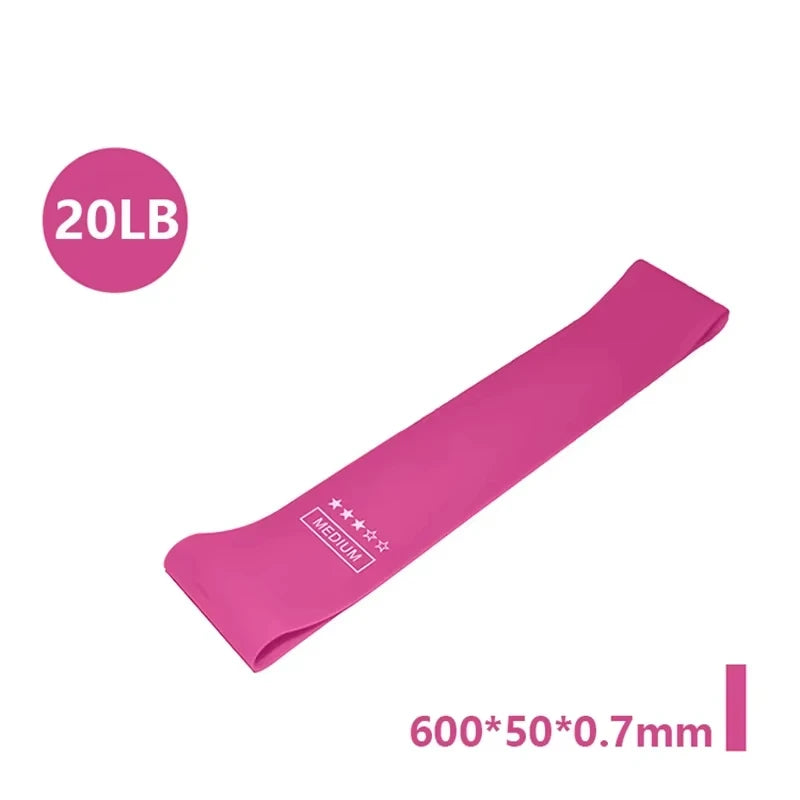 Five resistance bands in varying colors of pink, purple, and blue, labeled with resistance levels and sizes, with a carry bag.