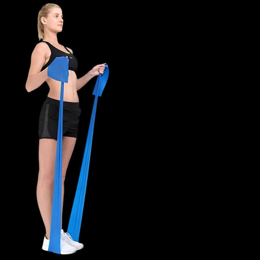 A person demonstrating the use of a blue resistance band, with additional bands shown in different colors such as red, yellow, green, and purple.