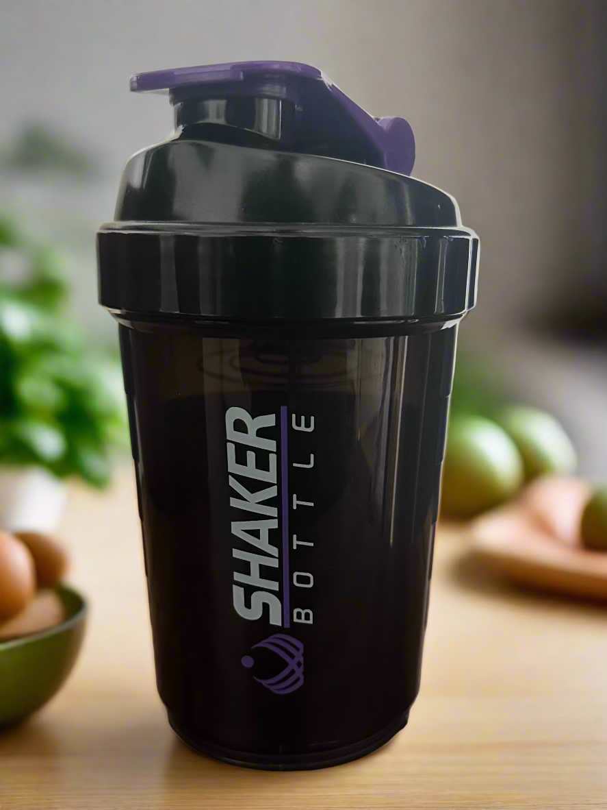 Black shaker bottle with purple top used for gym and running