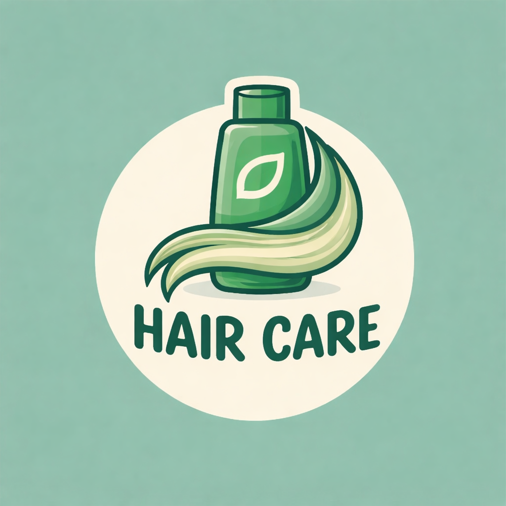 Illustrated graphic of assorted hair care products including shampoo and conditioner bottles, oil, styling spray, cream jars, scissors, and a hairbrush, with the bold word “HAIR CARE” written below.