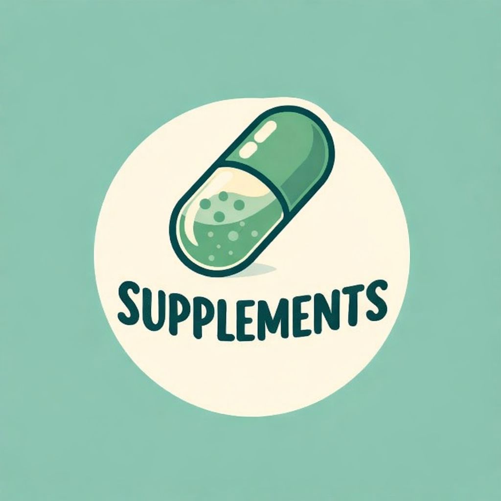 Illustrated graphic of supplement bottles and pills representing vitamins, protein powder, and creatine, arranged above the bold word “SUPPLEMENTS.