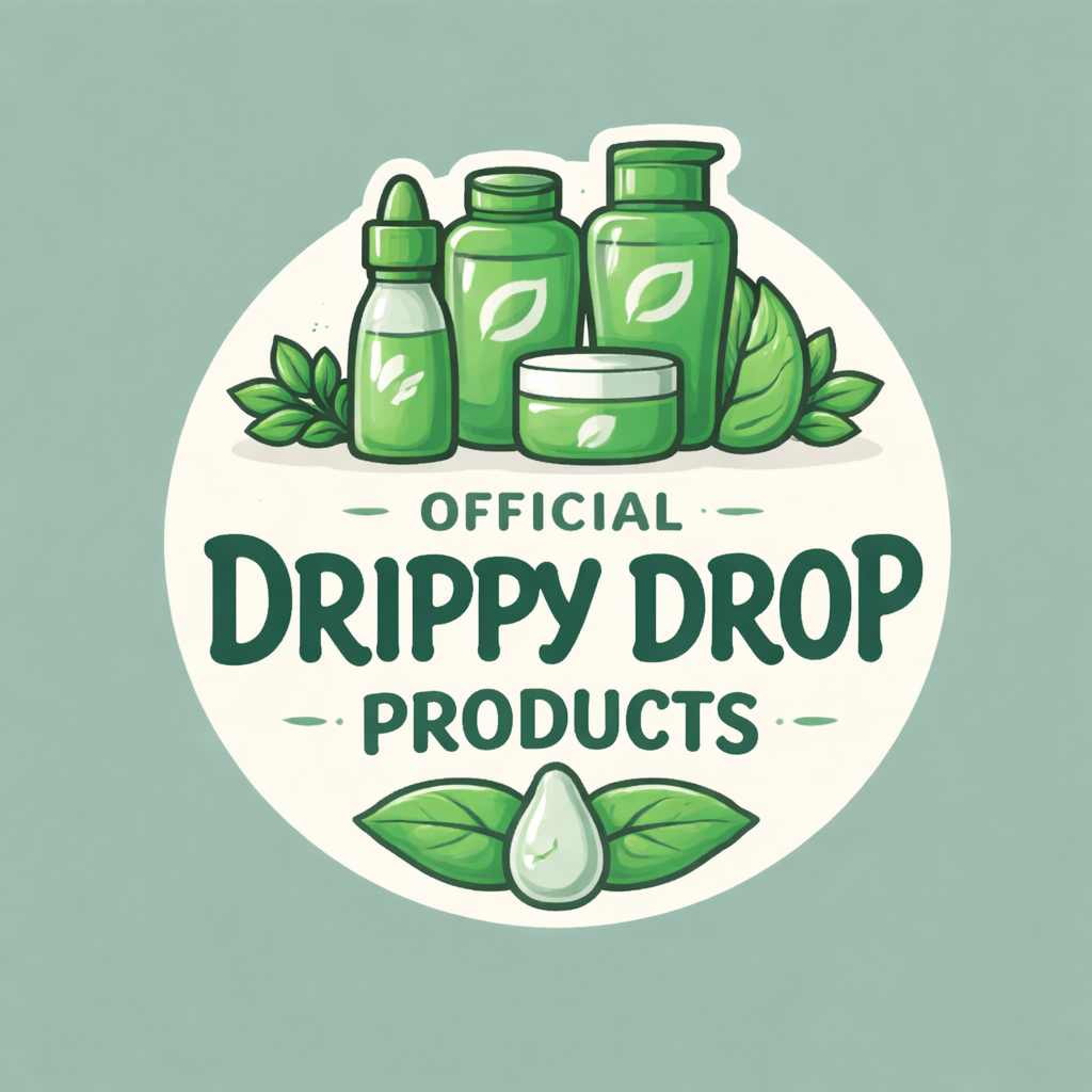 Official Drippy Drop Products logo featuring green skincare and haircare bottles with leaf accents inside a cream circle on a mint background, with bold dark green brand text below.