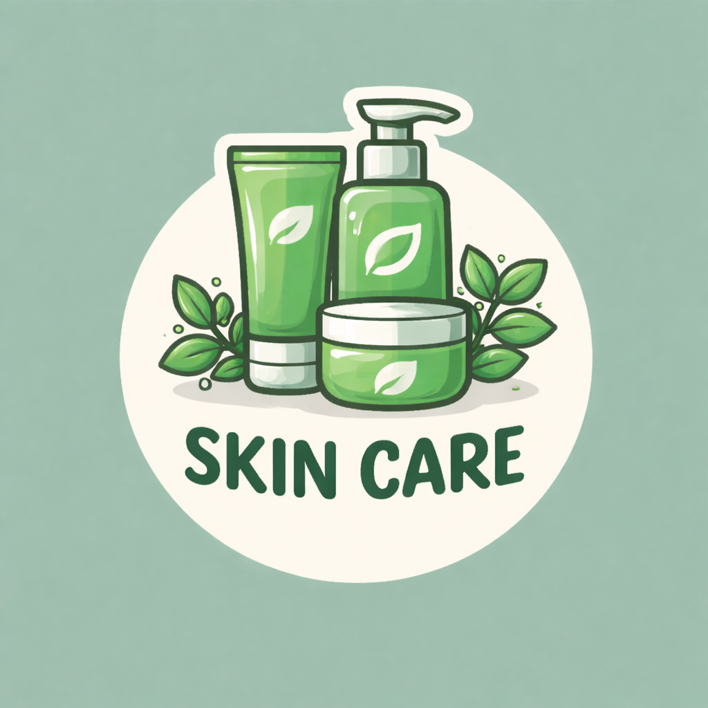 Illustrated graphic of skincare products including cleanser, serum, moisturizer, cream jars, and sunscreen arranged above the bold words “SKIN CARE.”